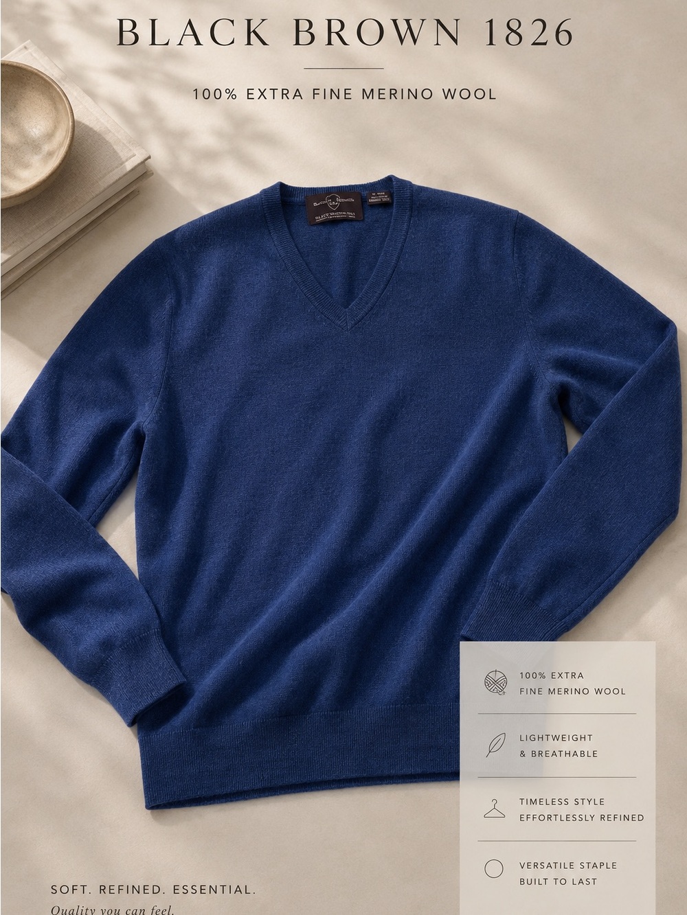 Black Brown 1826 Men's V-Neck Merino Sweater - Royal Blue